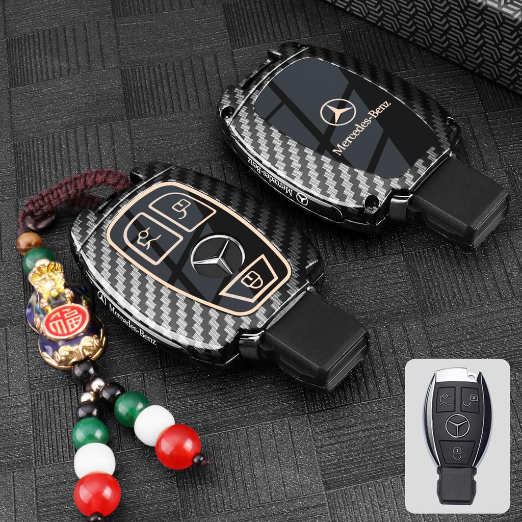 PNR1 Carbon Fiber Look Silicone Remote Car Key Case Cover Shell Keychain for Mercedes Benz A C E S Class W203 W204 W212 W213 W176