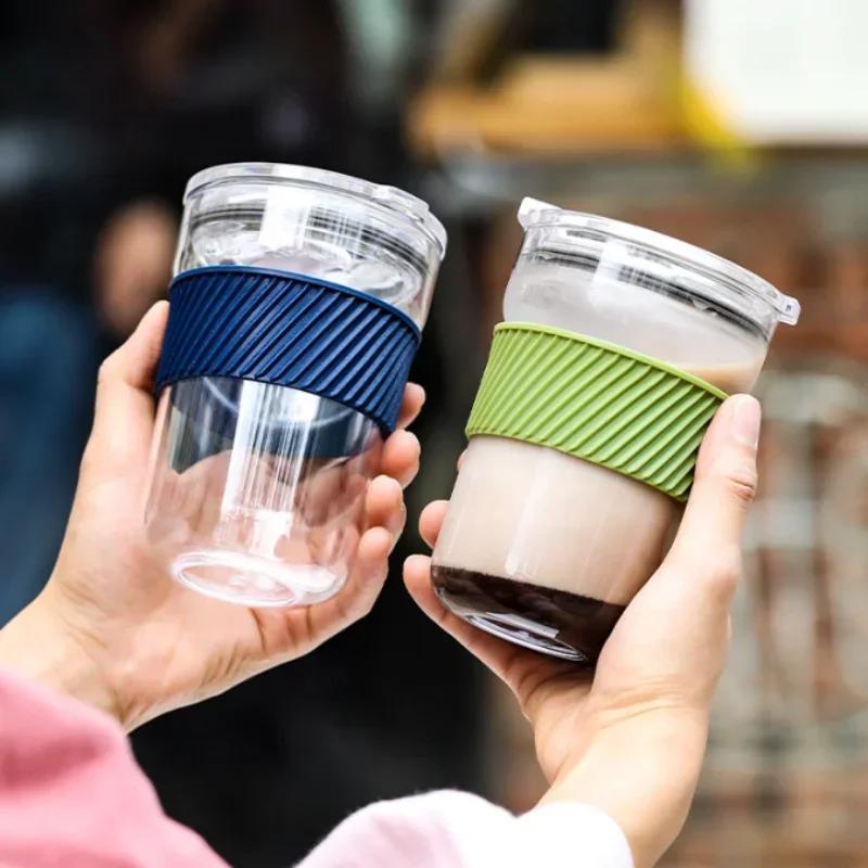 Cana de cafea transparentă 460ml Portabilă Cană de apă Cană de lapte cu capac și manșon de protecție anti-opărire Studentă Fată Gospodărie Birou Cană