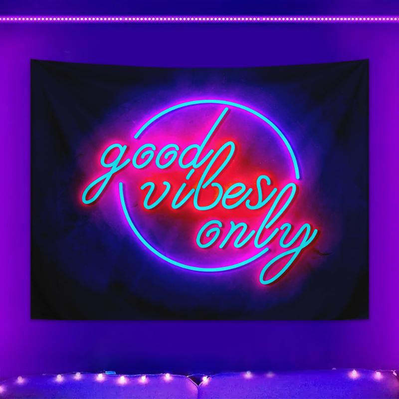 1PC Good Vibes Only fluorescent tapestry, colorful and beautiful UV black light tapestry, room decoration tapestry