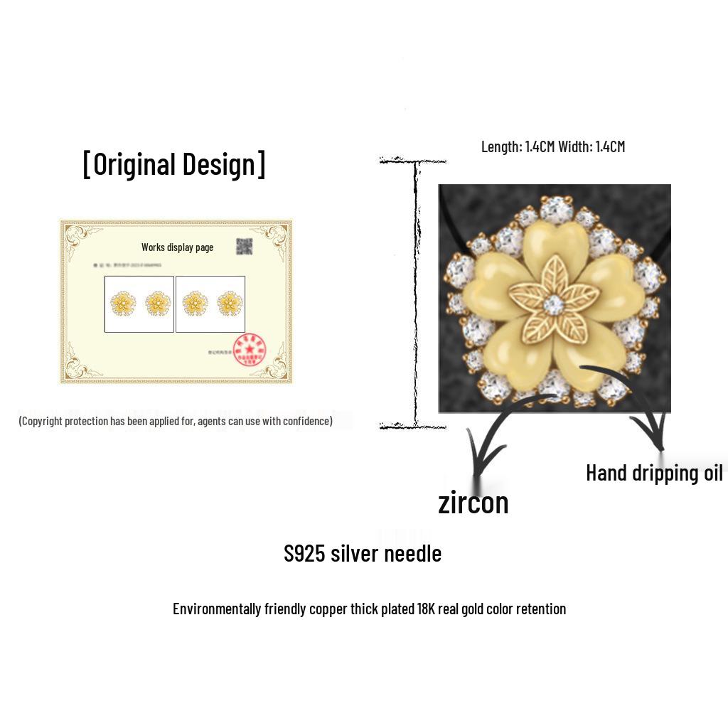 18K Gold Enamel Drip Glaze Zircon Flower Stud Earrings - Elegant, Luxurious Design for Women