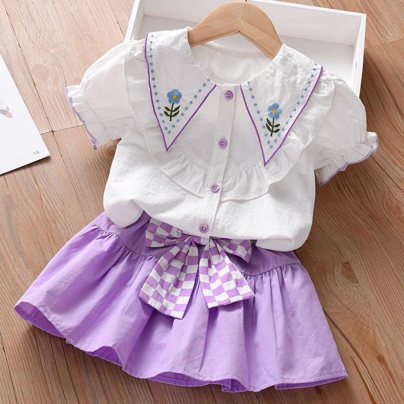Set Estivo Preppy Due Pezzi per Bambina, Carino Outfit a Manica Corta, Abbigliamento alla Moda per Bambini