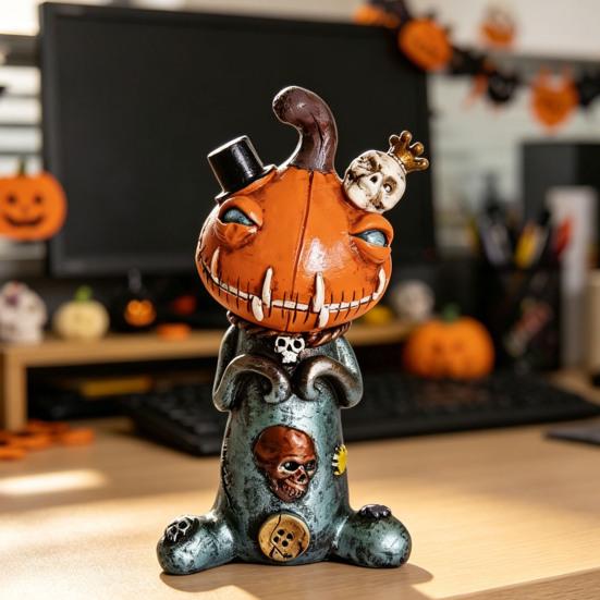 Halloween Pumpkin Doll Statue Horror Resin Pumpkin Skull Figurine for Home Office Table Shelf Mantel Decor