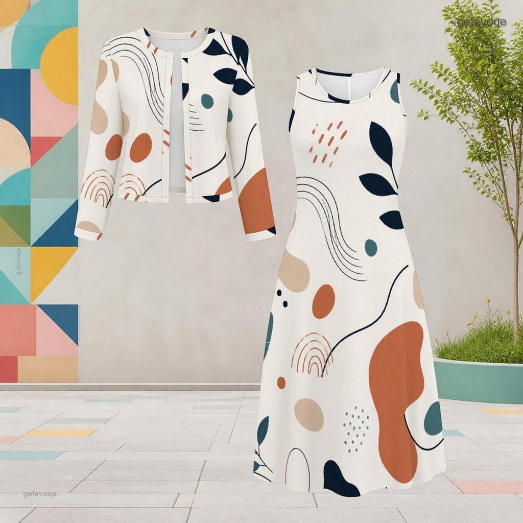 Women Plus Size Two Piece Dress Set Round Neck Long Sleeve Abstract Printed Cardigan Sleeveless Midi Dress
