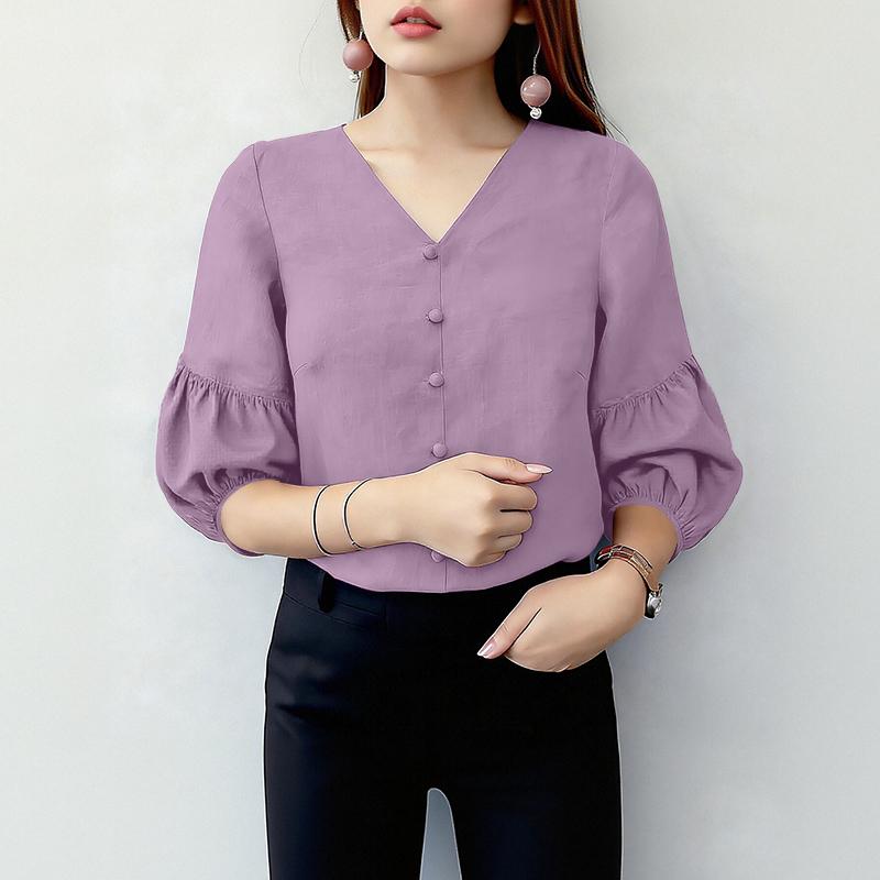 ZANZEA Women Casual V-Neck Solid Color 3/4 Sleeve Loose Blouse