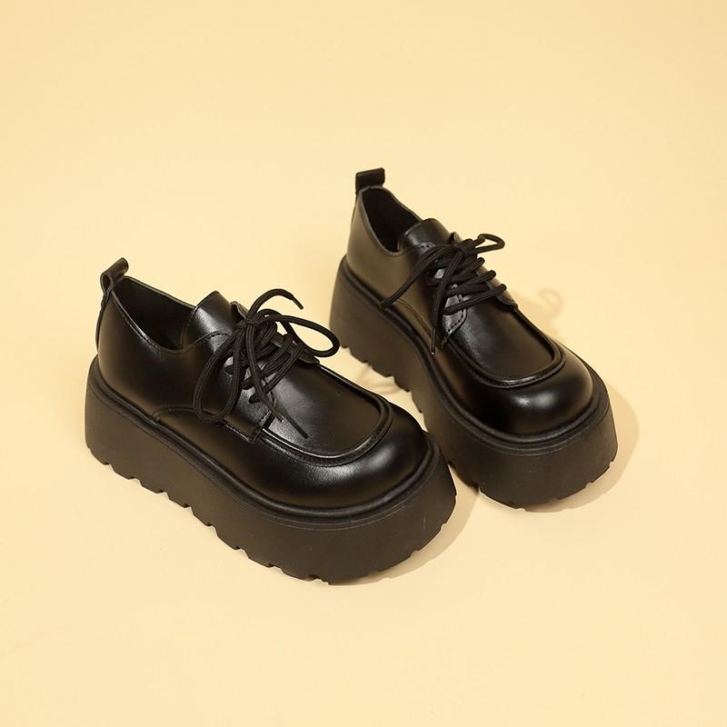 Autumn Solid Faux Leather Women Shoes Japanese Lace Up Mary Jane Shoes Simple Round Toe Students Thick Platform Pumps Leisure