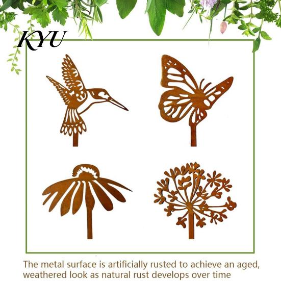 Weatherproof Lawn Decor Rusty Silhouette Garden Stake, Rustic Flower Pot Insert for Patio, Vintage Style Outdoor Decorations Bird Bee Butterfly