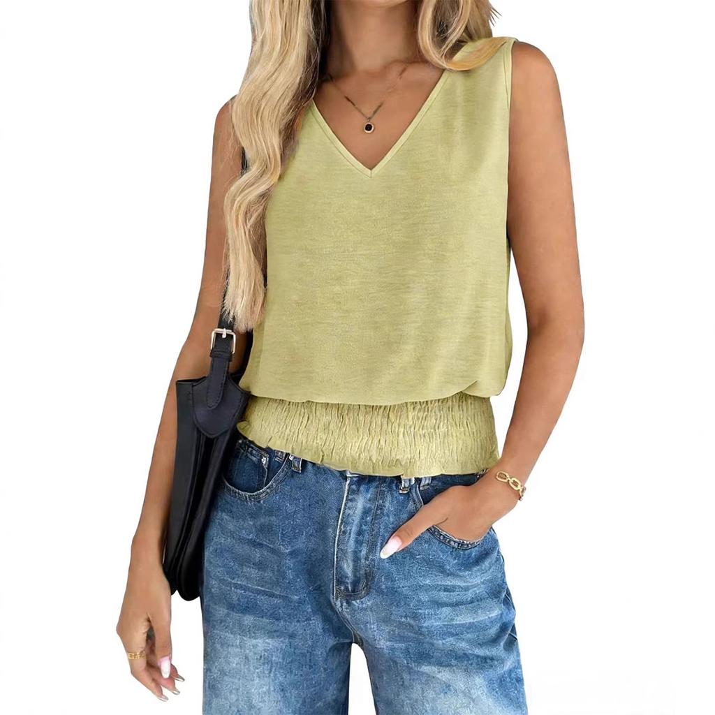 Women Sleeveless V Neck Casual Top Summer Blouse Elastic Waistband Pleated Hem Lightweight Tank Shirt