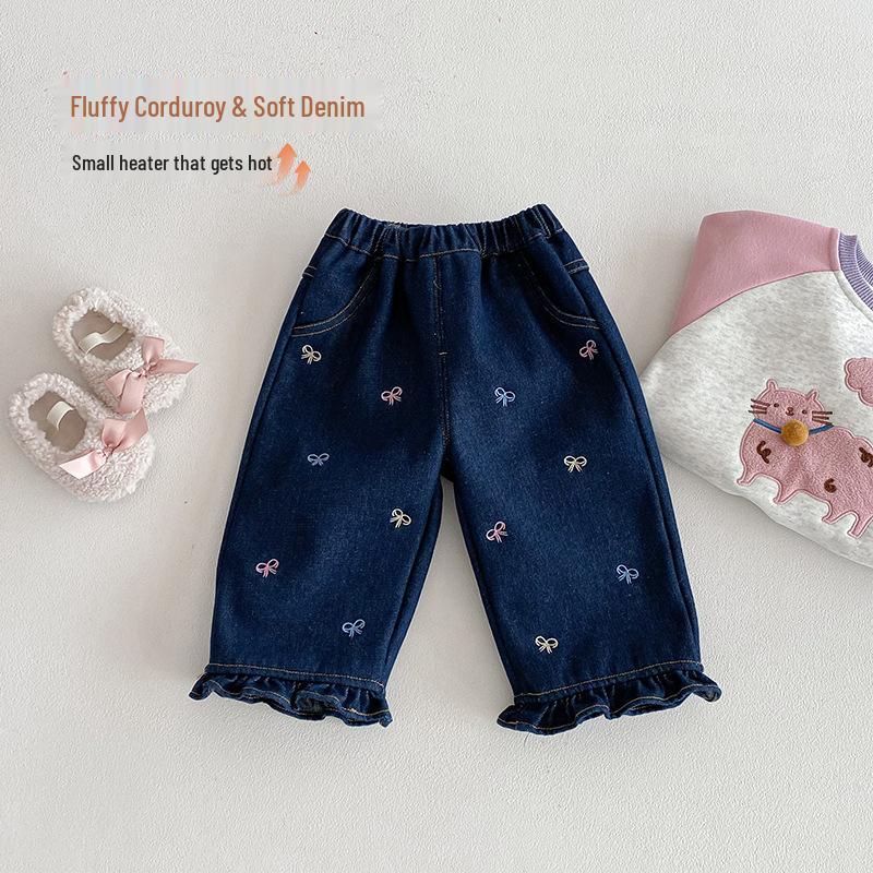 Girls' Winter Fleece-Lined Jeans with Bow and Lace Design