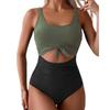 Women's One-Piece Swimsuit With Cross Straps To Cover The Belly, Conservative Solid Color Patchwork Swimsuit
