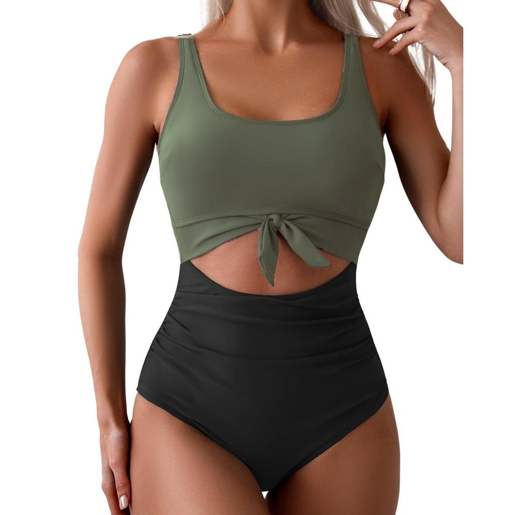 Women's One-Piece Swimsuit With Cross Straps To Cover The Belly, Conservative Solid Color Patchwork Swimsuit
