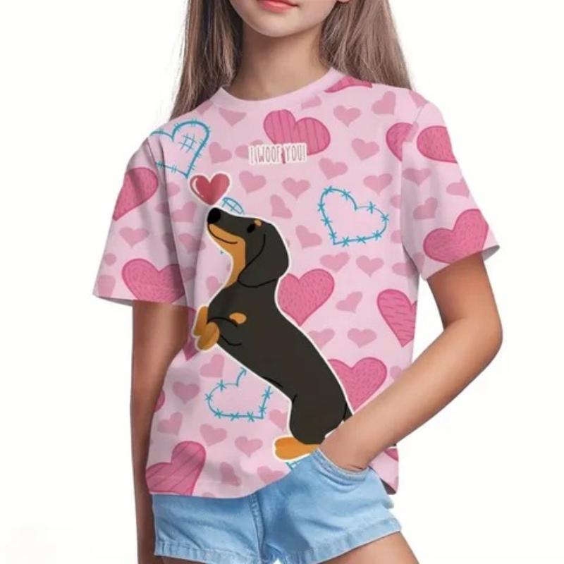 Children's Cartoon Sausage Puppy Print Cute Multi-color T-shirts Girls Fashionable Soft Comfortable T-shirt