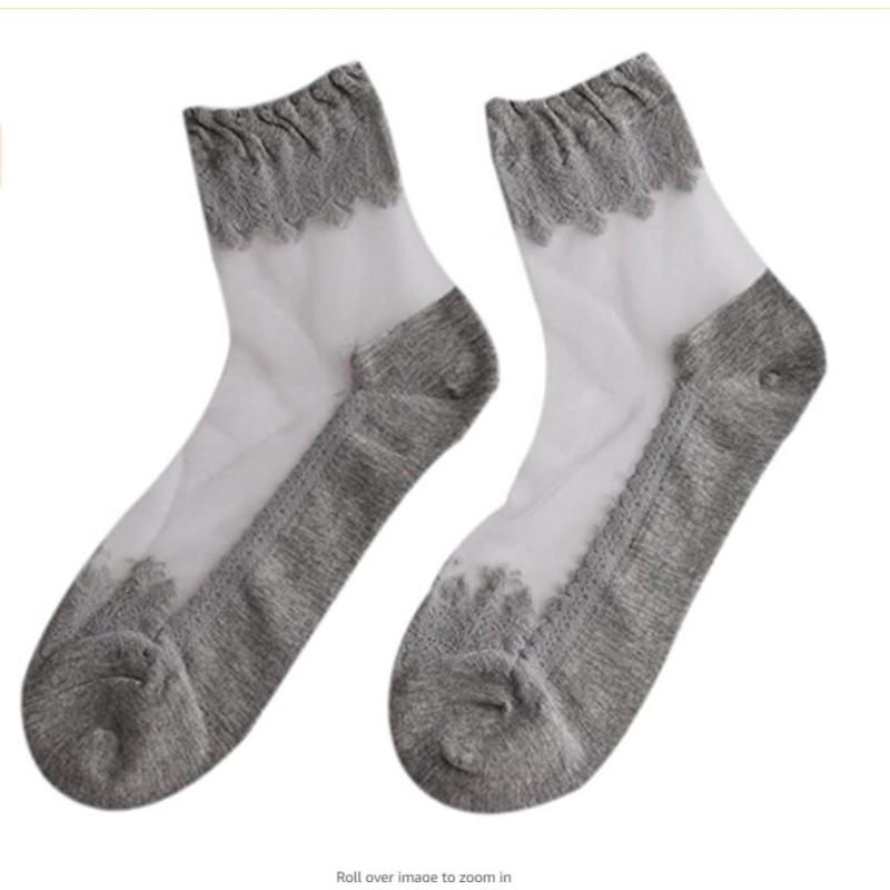 

Модные тонкие прозрачные носки для женщин, дышащие летние носки для девочек, кружевные цветочные носки с кристаллами, шелковые носки, сексуальные эластичные короткие носки из тюля, мягкие носки с оборками One Size серый