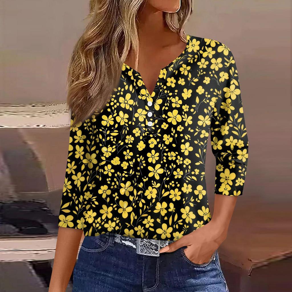 Women's T Shirt Print Button 3/4 Sleeve Daily Weekend Fashion Basic V- Neck Regular Top