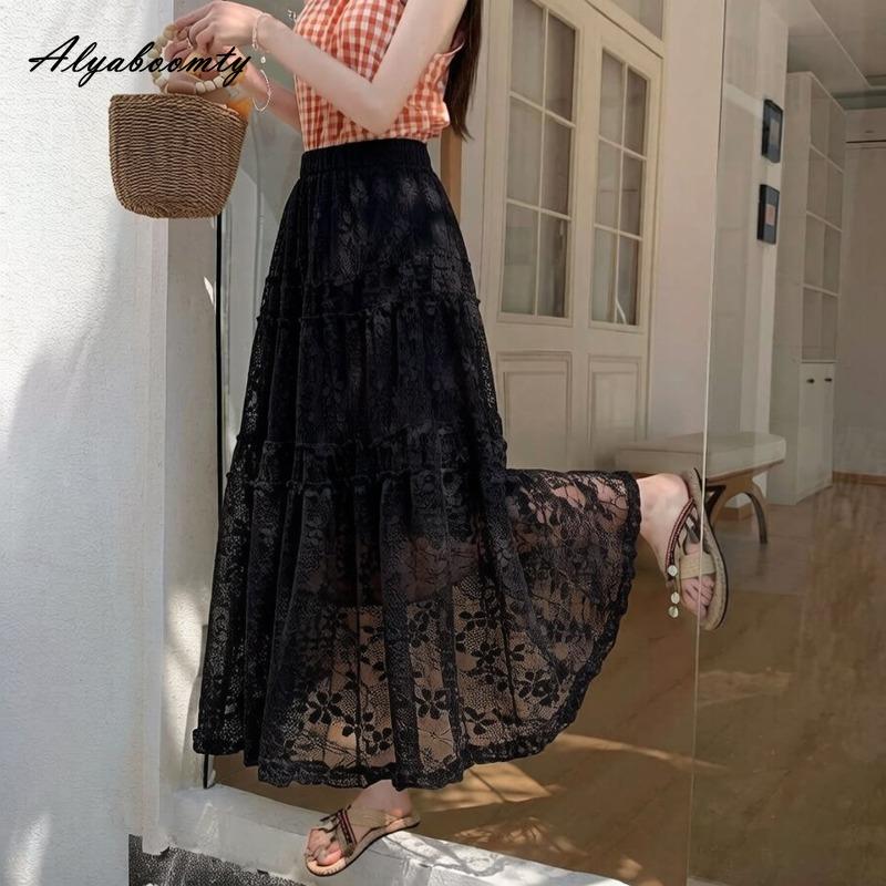 2026 Korean Fashion Spring Summer Women Midi Lace Skirt High Waist Black White Beige Floral Embroidery Skirt Elegant Feminine Tierred Skirts Womens