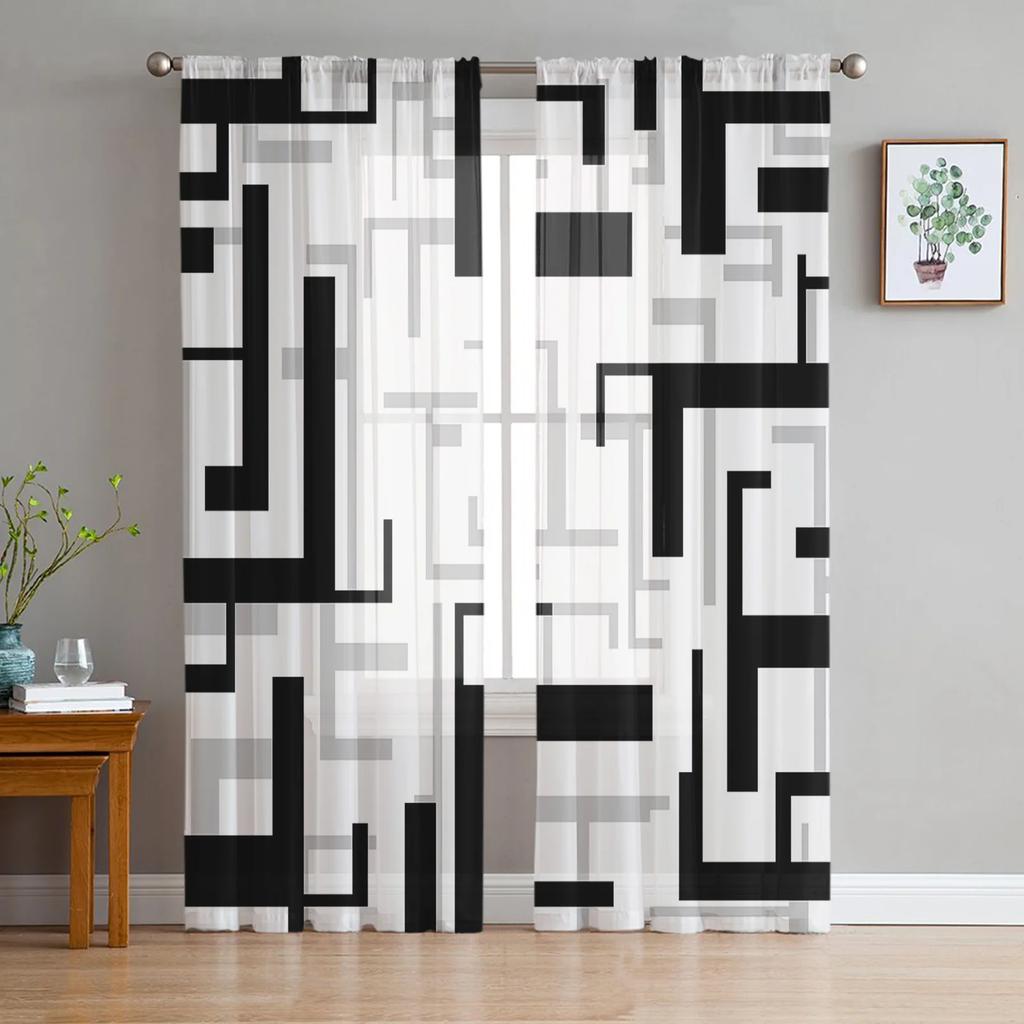 Luxury Art Geometry Yellow Grey Curtains Living Room Printed Tulle Window Curtain Home Balcony Decor Drapes Light Filtering For Area Made Of Polyester