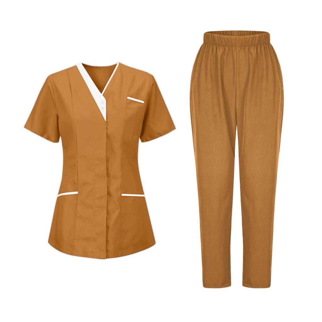 Women's Uniforms Quick Dry Fabrics V-Neck With Pockets Short Sleeves Long Pants Solid Color Workwear Suit
