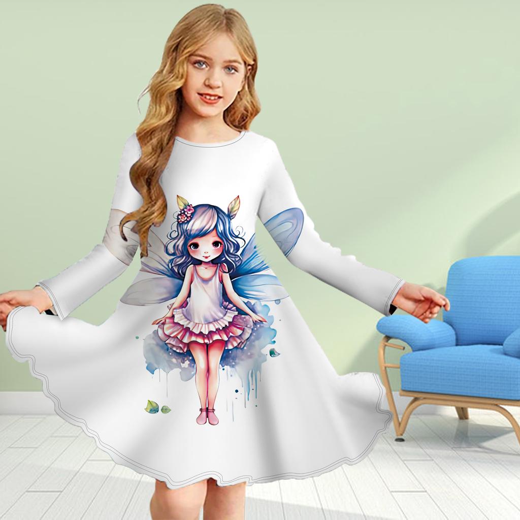 Mädchen Casual 3D Druck Blau Elf Rundhals Langarm Kleid Kind Prinzessin Kleid