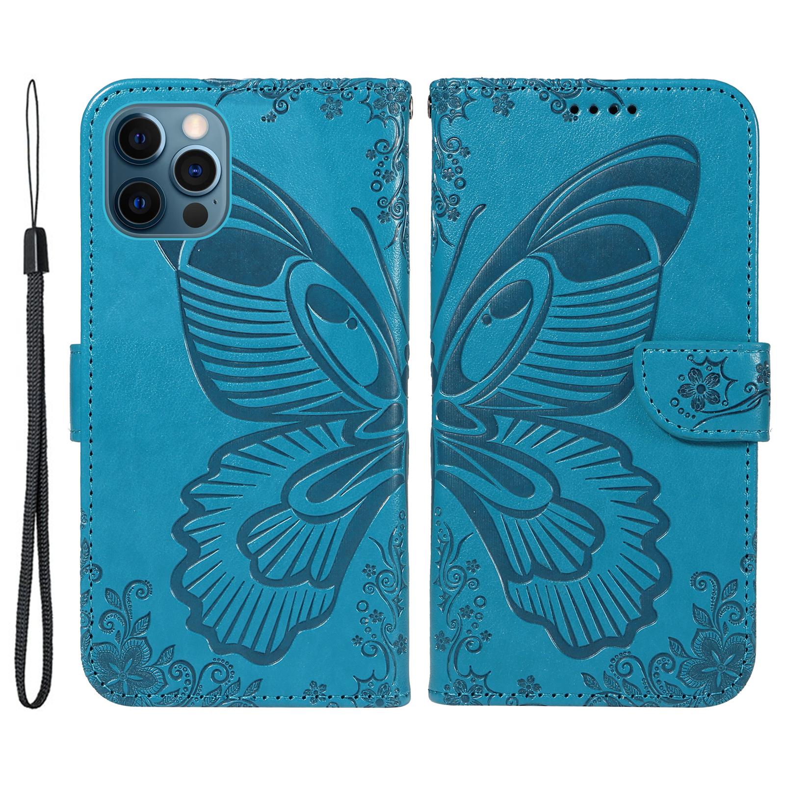 

For iPhone 13 Pro Leather Case Butterfly Imprinted Stand Wallet Phone Cover Blue