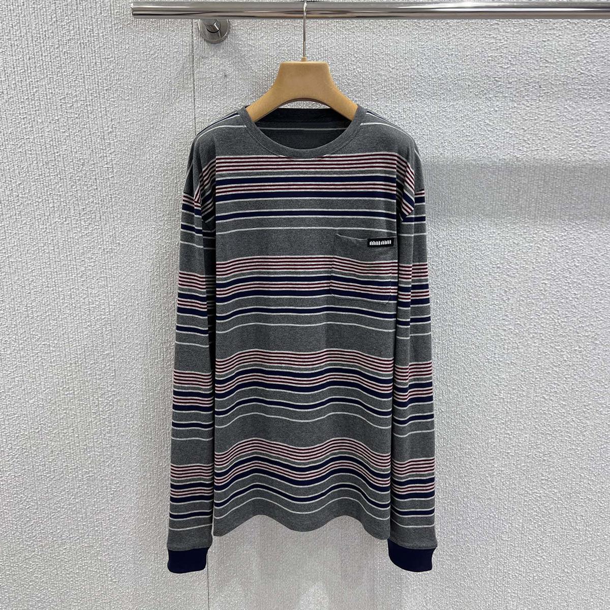 New Arrival Miu Style Color Block Stripe Logo Patch Unisex Long Sleeve T-shirt Small серый