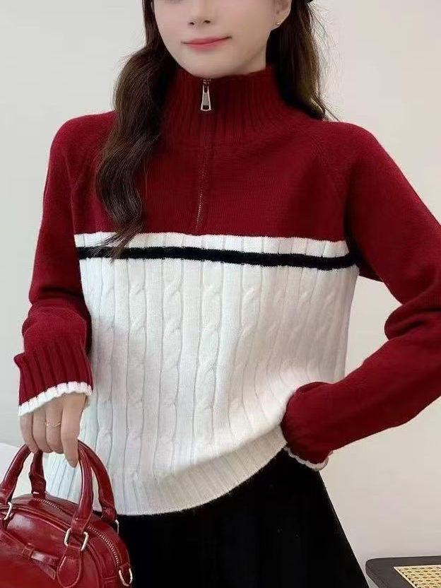 2026 Women's Half-Zip Color Block Stand Collar Slim Fit Knit Top, Loose and Flattering