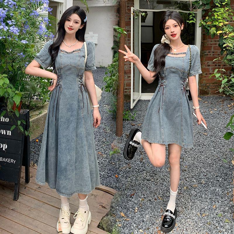 Plus Size Denim Puff Sleeve Square Neck Summer Dress for Women