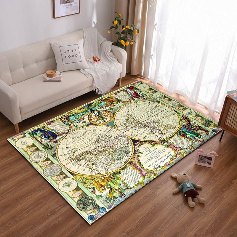Vintage World Map with Ornate Borders Design Non-slip Rug Suitable for Living Room and Bedroom Sofas