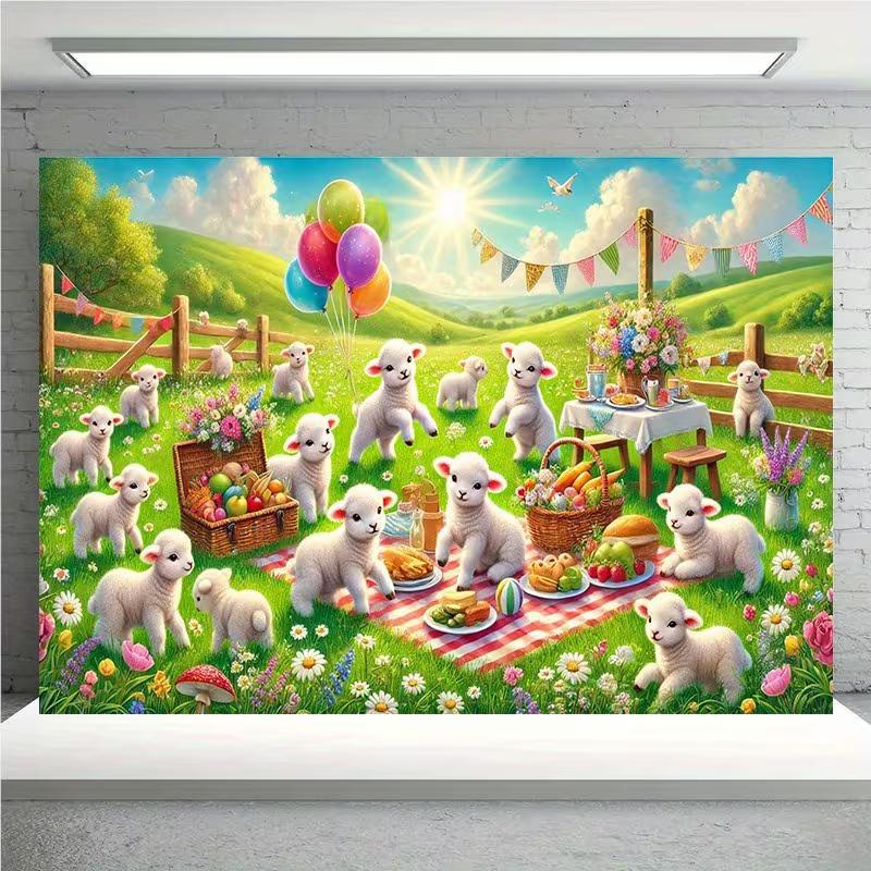 Cute Sheep Picnic Tapestry, Meadow Lamb Cartoon Background Cloth, Kids Room Wall Decor