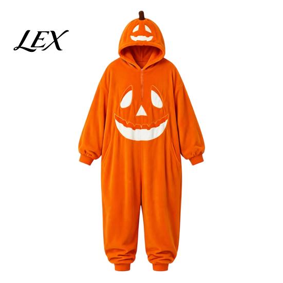 Unisex Fleece Pajamas Halloween Pumpkin Onesie for Adults, Plush Orange Sleepwear Hooded Costume, Oversized Loose Loungewear Family Matching Costumes