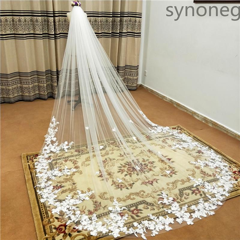 Real Photo 3m.4m.5m One Layer Wedding Veil with Comb White Lace Edge Bridal Veils Ivory Appliqued Cathedral Wedding Veil