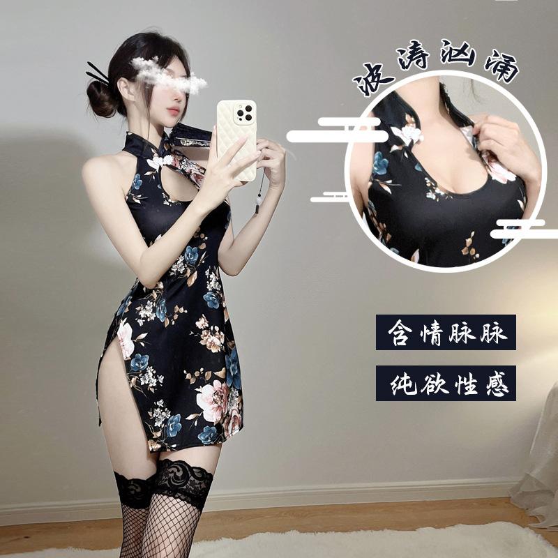 Ropa interior divertida cheongsam antiguo * Tentación hueca pasión abertura sin mangas estampado elegante traje uniforme ajustado mujer