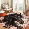 Black Horse Floral Round Rug Flancel Elegant Animal Print Floor Mat Living Room Bedroom Decor Rose Garden Soft Carpet Gift