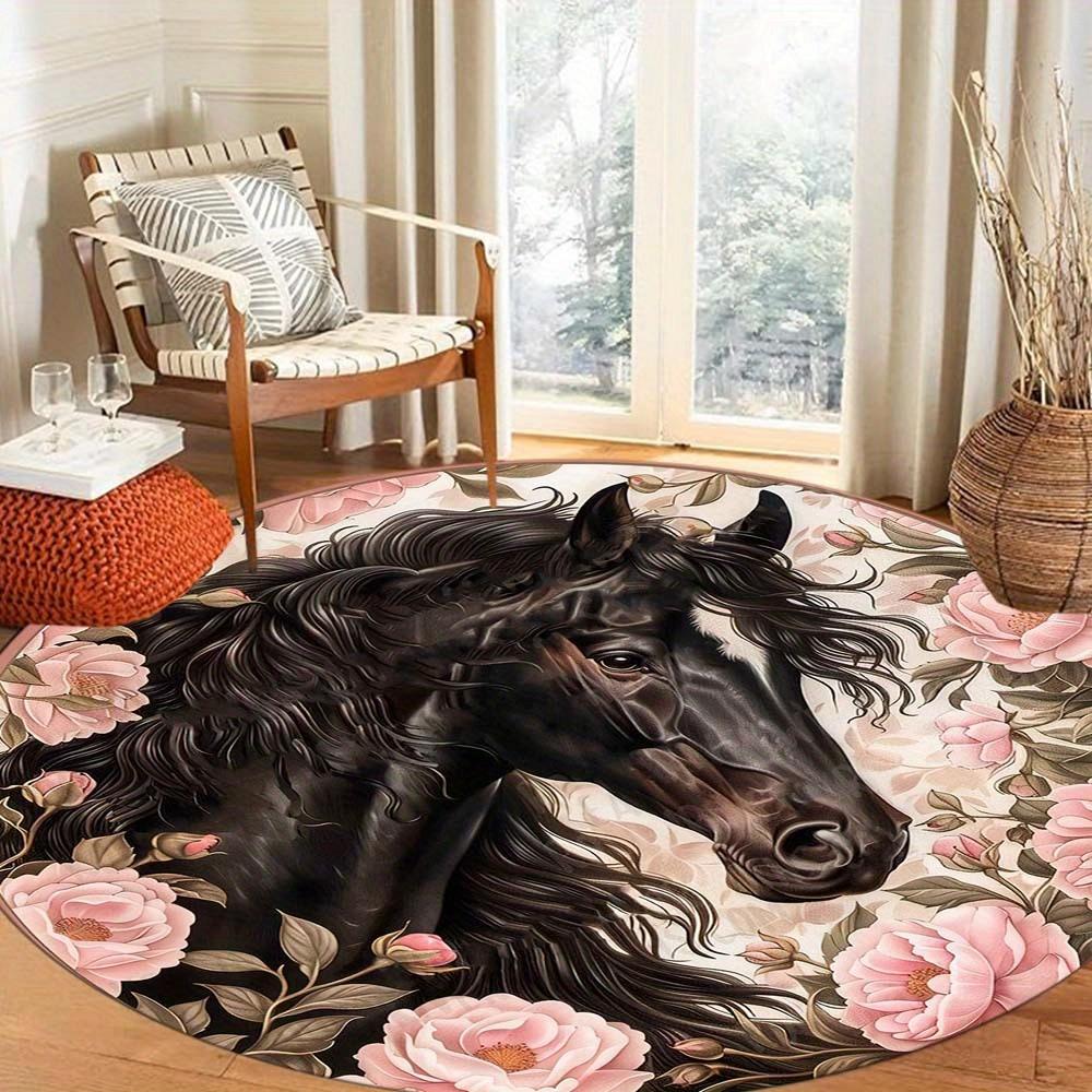 Black Horse Floral Round Rug Flancel Elegant Animal Print Floor Mat Living Room Bedroom Decor Rose Garden Soft Carpet Gift
