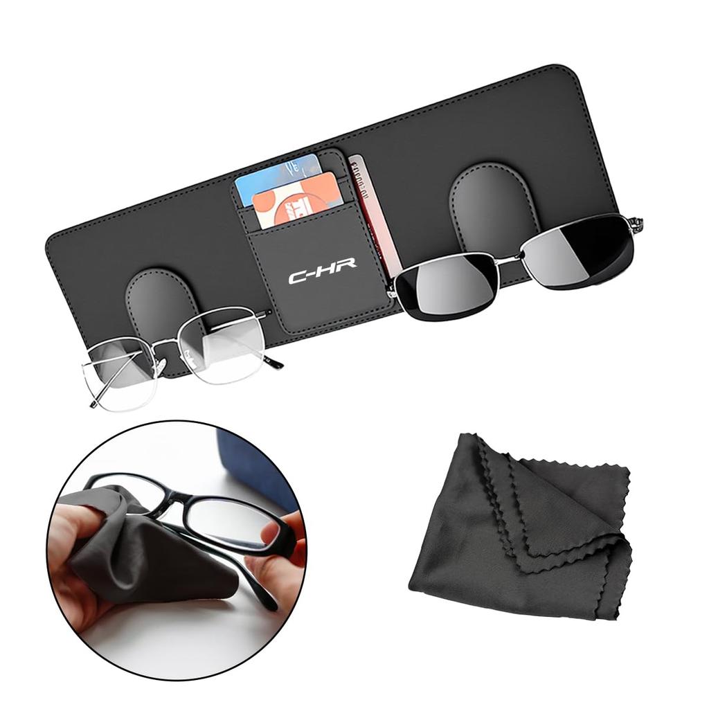 Car Sunglasses Holder with 2 Glasses Clips and 3 Card Attaches to Sun Securely PU Magnetic Easy to Large Size Car Free Glasses Cleaning Cloth Included