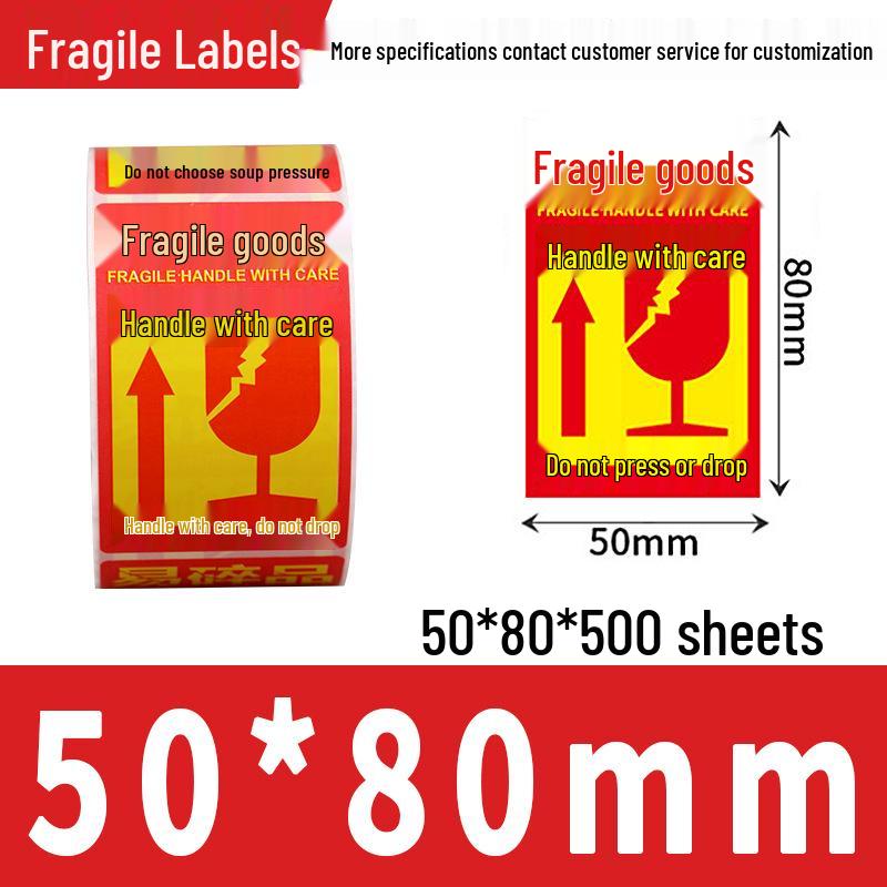 Easy Tear Fragile Label Stickers - English & Chinese Warning on Coated Paper, Anti-Tear Design