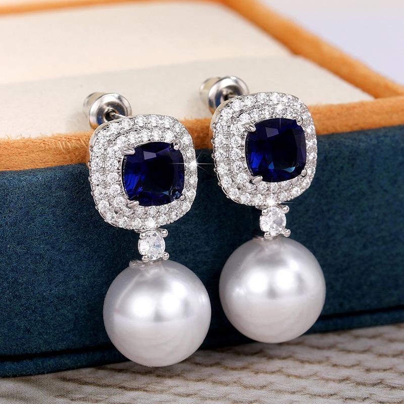 Popular, Artificial Pearl Earrings, Premium Inlaid Sapphire Blue Zircon Earrings Factory