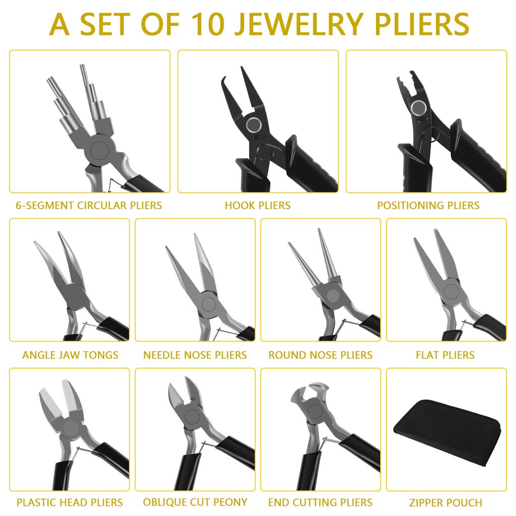 10Pcs Jewelry Pliers Set Carbon Steel Jewelry Making Kit Professional Jewelry Pliers Includes End Nipper Round Nose Pliers Nylon