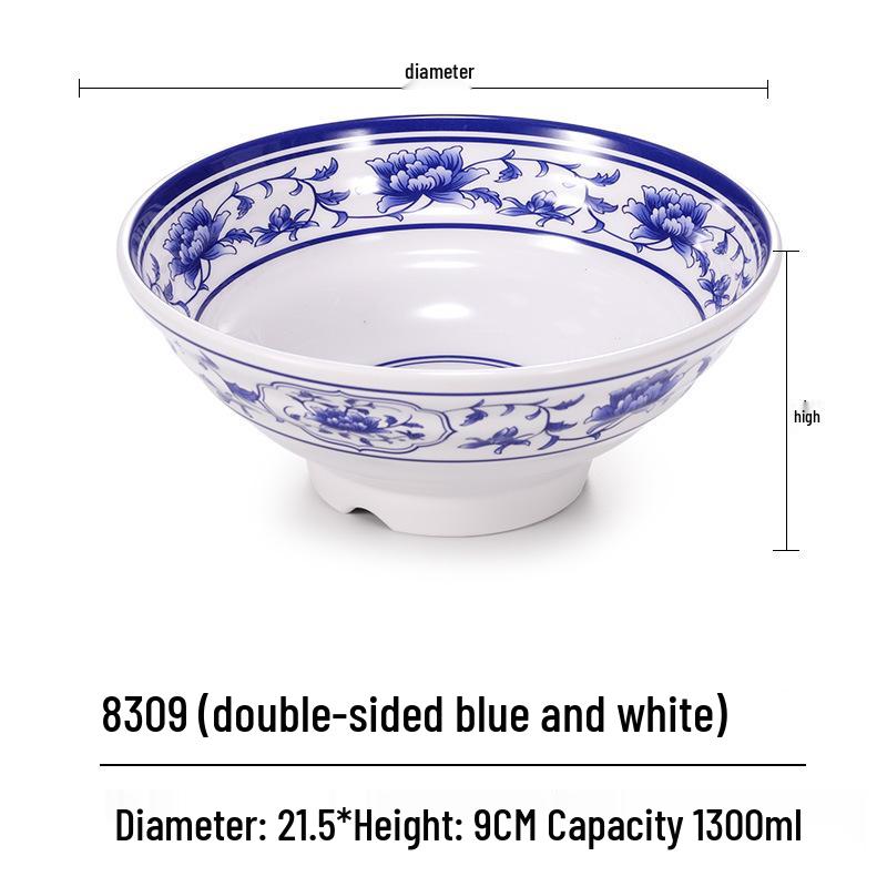 Blue & White Melamine Noodle Bowl: Imitation Porcelain Tableware for Ramen, Soup, Wonton, or Beef Noodles in Noodle Shops