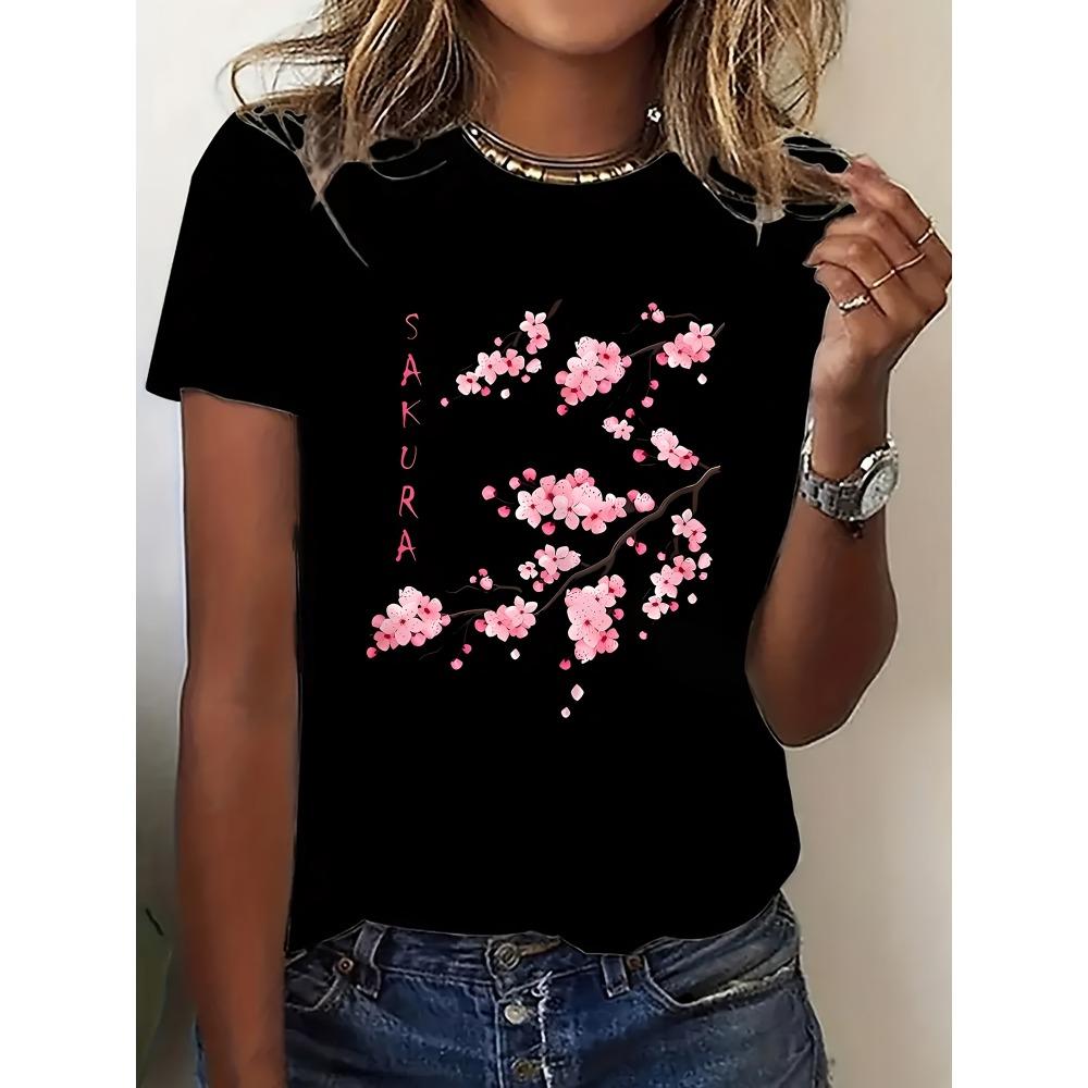 Elegant cherry blossom pattern women's short sleeved T-shirt