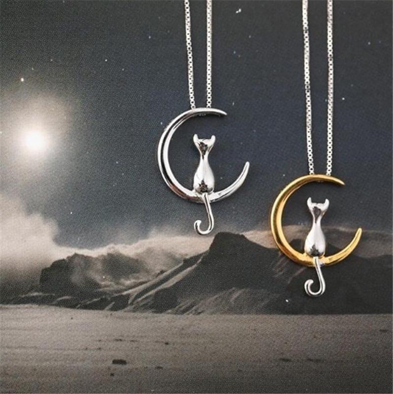 Korean 925 Silver Moon Cat Necklace - Women's Clavicle Chain Jewelry