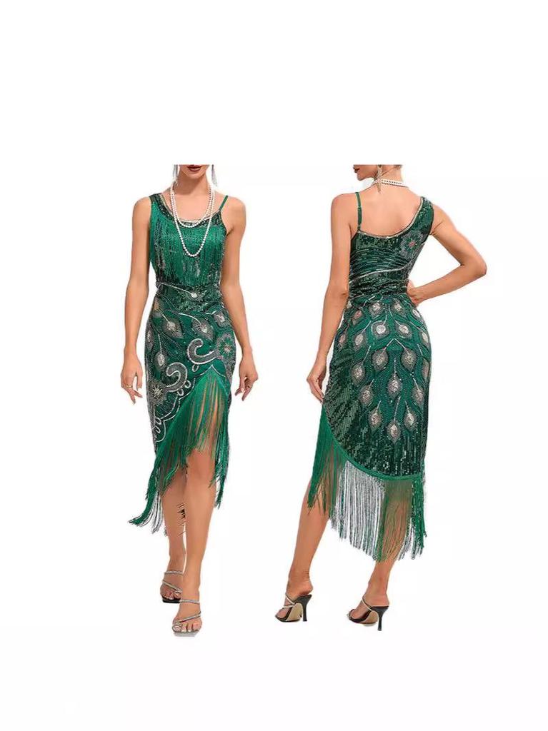 1920s Retro Sequin Tassel Midi Evening Dress