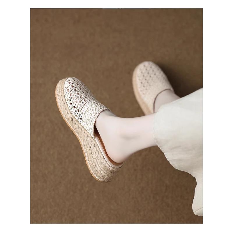 Fashion Inner Height 2025 Summer New Hollow Trifle Woven Baotou Half Slippers Women's Platform Straw Slip-ons