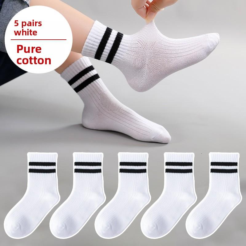 New autumn thin breathable children s mid-calf socks, combed cotton striped sports socks with two stripes, sweat-absorbing solid color children s 3-5 years old - 5 pairs