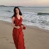 Real Shot Rose Drunk Shadow Flame Red Backless Thin Irregular Ruffle Edge Vacation Dress Island Beach Skirt