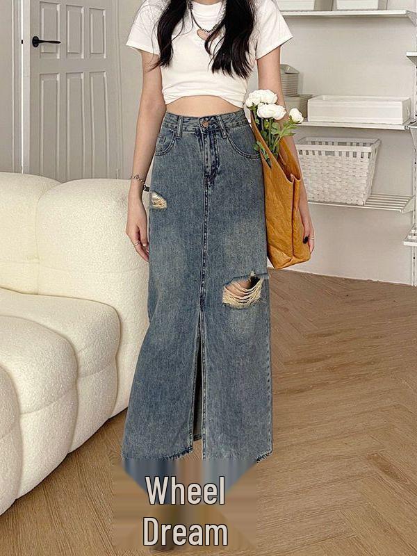 High-Waisted Distressed Denim Skirt: Mid-Length A-Line with Sexy Slit, Loose, Slimming, and Hip-Hugging.
