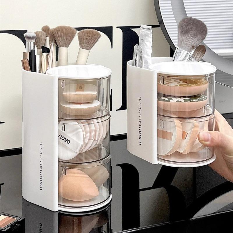 Rotating Dustproof Storage Box for Desk - Vanity Organizer Container for Beauty Sponges, Air Cushions,Lipsticks & Makeup Brushes