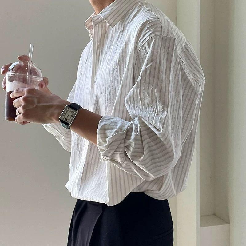 Heren Vintage Mode Japanse Stijl Gestreept Business Casual Overhemd Lente Zomer Revers Lange Mouw Losse Tops Camisas De Hombre