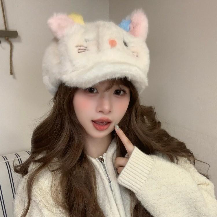 2025 new cute kitten plush hat women's season plush to keep warm and cold, showing the face small ear protector Lei Feng hat
