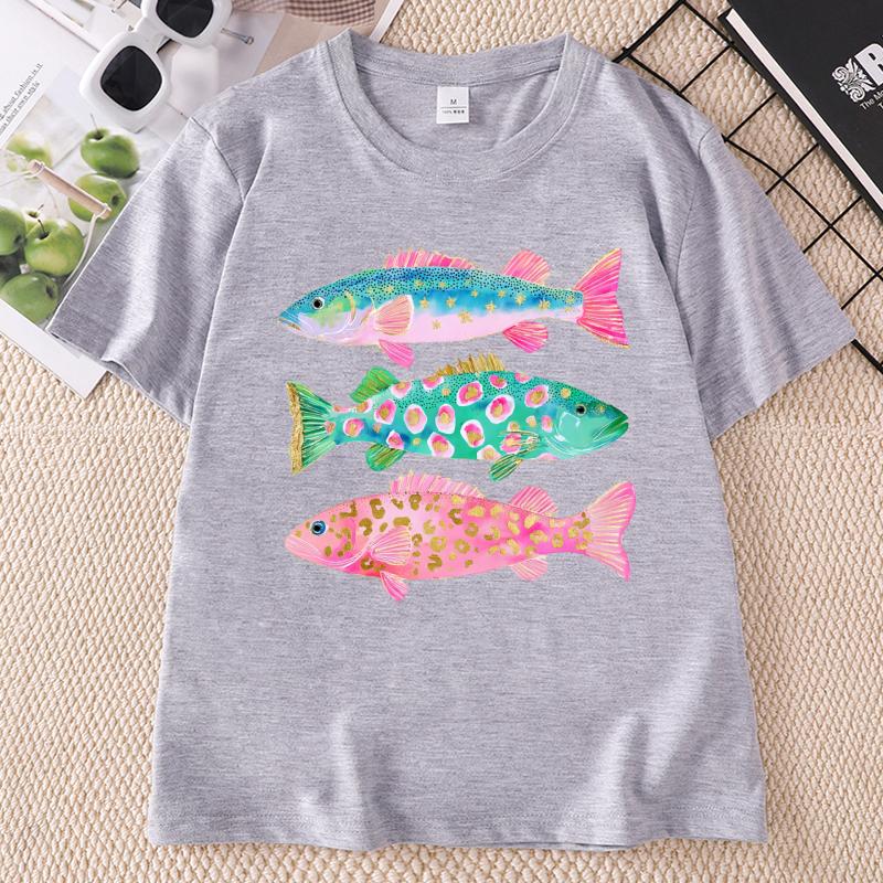 Preppy Fish Tshirt Unisex Summer Coastal Fish Beach Tshirts Causal Round Neck Printed Cotton Short Sleeve T Shirts Unisex Tops