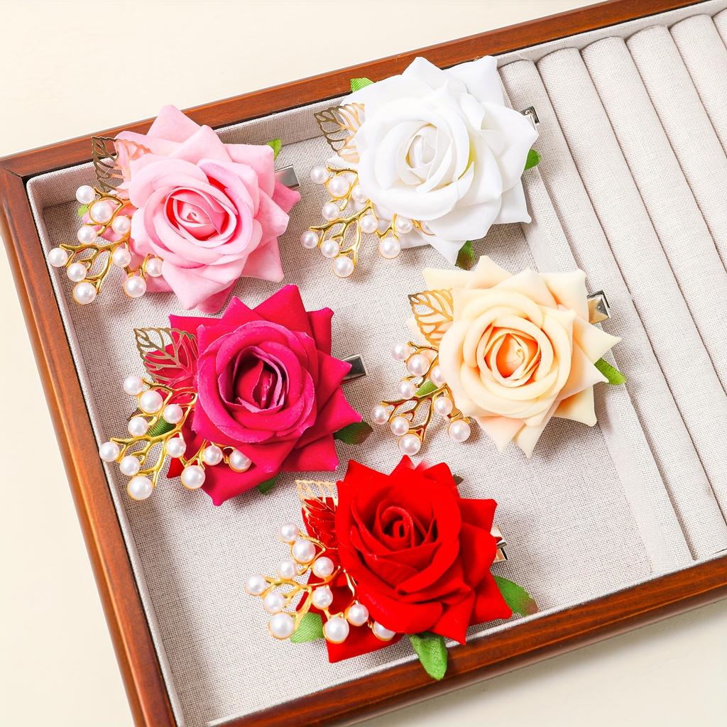 high qualityFive-piece Set Of Women's Elegant Hairpins - Rose Flower Design, Polyester Fiber - Spring & Summer Wedding Bridal Head Accessories | Hand