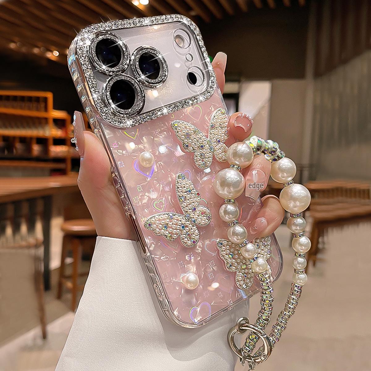 

Luxurious Pearl Bow Wrist Strap Case for iPhone 17 Pro Max/16/15/14/13/11 16 Plus белый